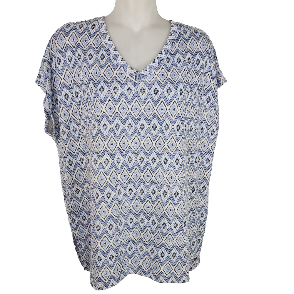 Orvis Women’s Tunic Top Short Cap Sleeve Pullover V Neck Size S Blue Ikat Knit